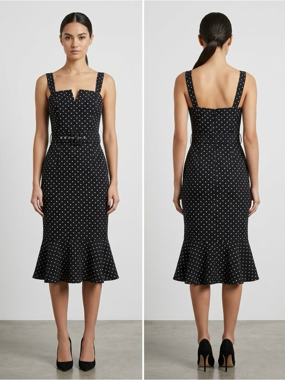 Black Polka Dot Midi Dress with Belt